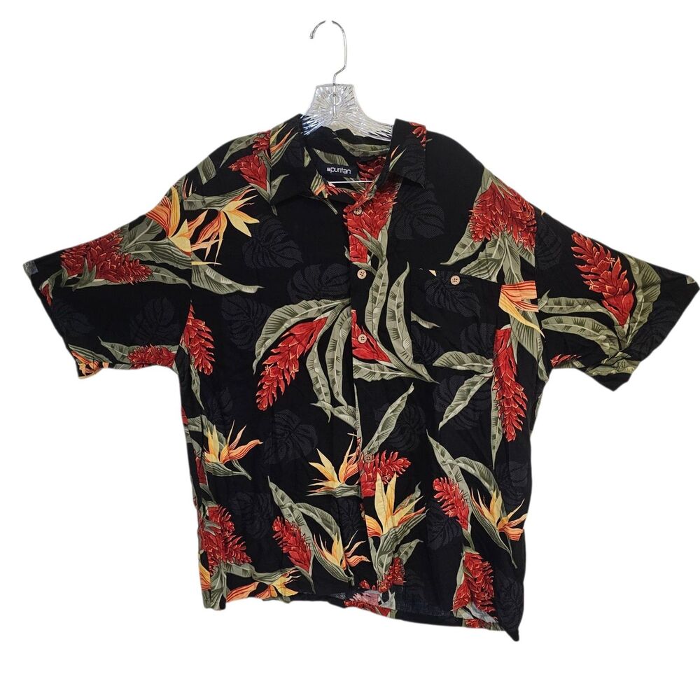 Puritan Hawaiian Shirt Men's Extra Large Black Red Button Down Short Sleeve